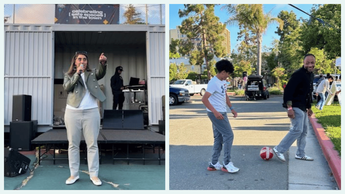 Left: Mayor Sheng Thao's Director of Community Safety & Education, Brooklyn Williams, speaks at Town Nights in San Antonio Park. Left: Oakland City Administrator Jestin Johnson plays soccer with a youth at Town Nights