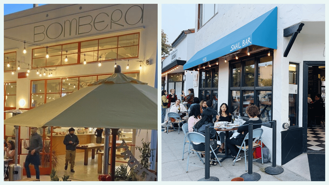Left: a photo of Bombera Oakland art night Right: a photo of Snail Bar during the day