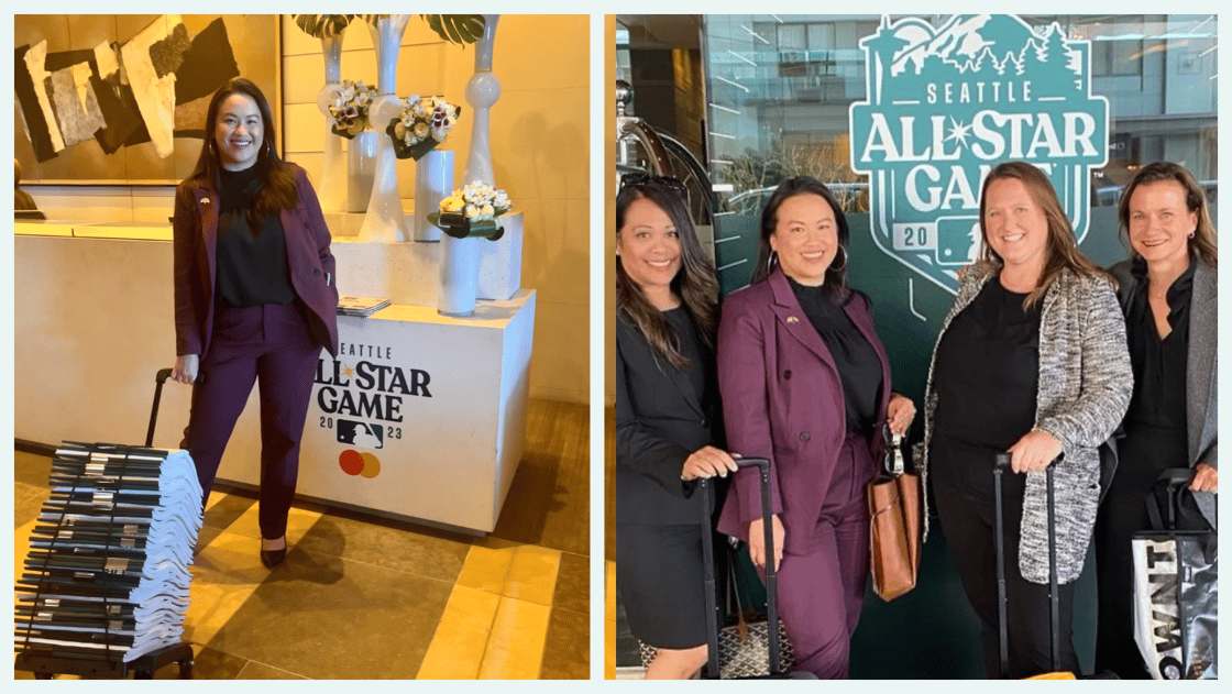 Left: Mayor Thao stands with a stack of Howard Terminal proposal documents in a dolly as she delivers them to the MLB Commissioners. Right: Mayor Thao and her team stand outside the MLB All Star Game event before delivering their HT proposal