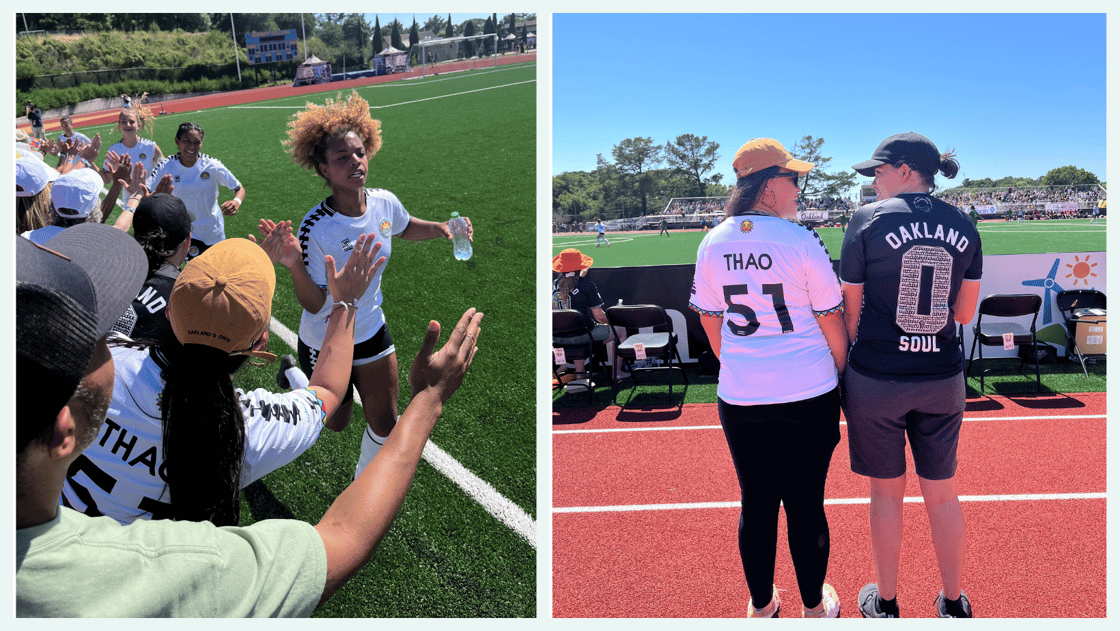 Left: Mayor Thao high fives Soul players. Right: Mayor Thao stands side by side with another Souls fan, both rocking jerseys and Thao's with her name on it