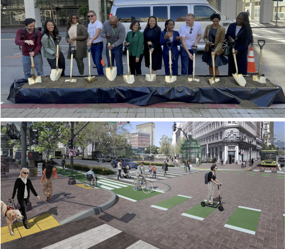 Top: 14th Street groundbreaking cermony featuring Mayor Thao and public and community leaders. Bottom: mock up of new designs for 14th Street.