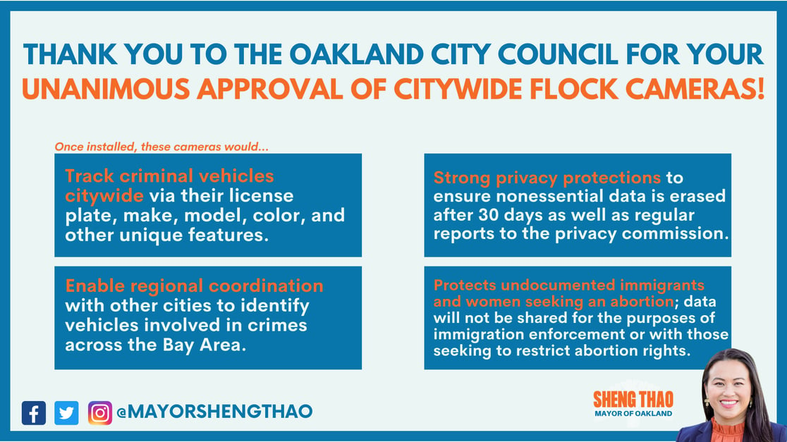 Track criminal vehicles citywide via their license plate, make, model, color, and other unique features. Thank you to the oakland city Council for your UNANIMOUS approval of citywide flock cameras! @MayorShengThao Strong privacy protections to ensure nonessential data is erased after 30 days as well as regular reports to the privacy commission. Protects undocumented immigrants and women seeking an abortion; data will not be shared for the purposes of immigration enforcement or with those seeking to restrict abortion rights. Enable regional coordination with other cities to identify vehicles involved in crimes across the Bay Area. Once installed, these cameras would...
