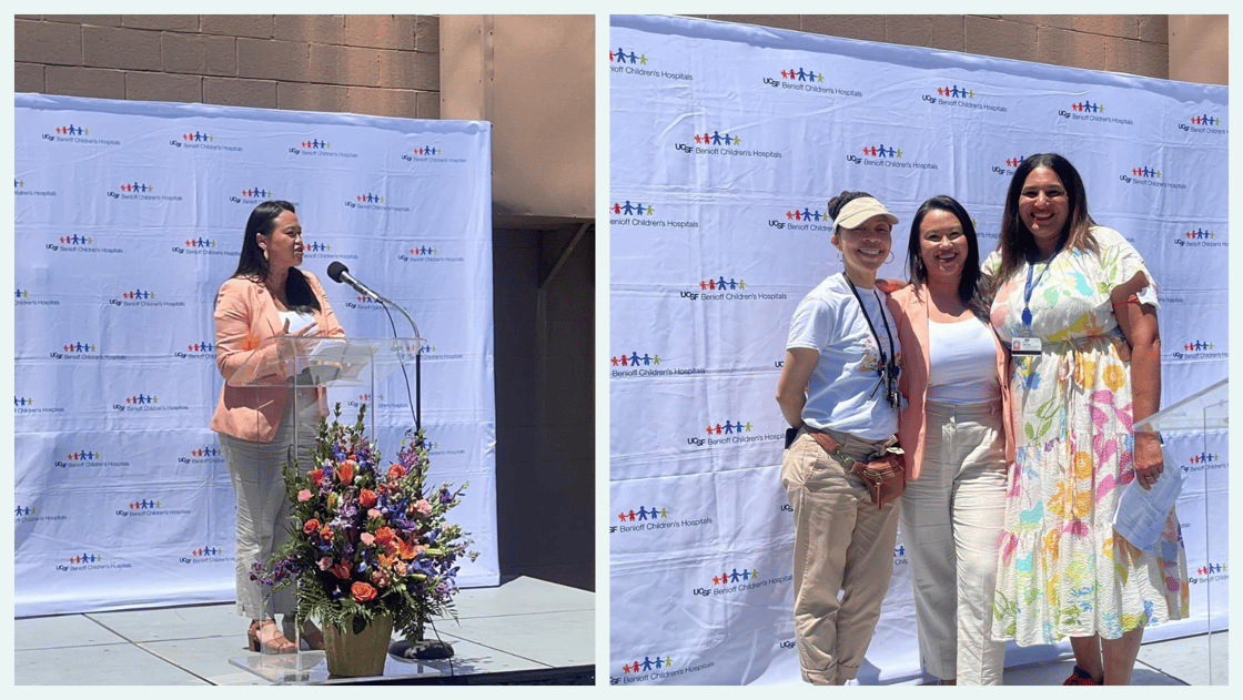 Left: Mayor Thao speaks at the UCSF BOOM Clinic Launch Right: Mayor Thao stands with two members of the UCSF BLOOM clinic staff.